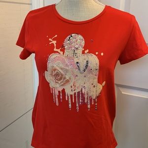 SizeS Bluoltre see photos Red tee shirt like new, crystal design on front pretty